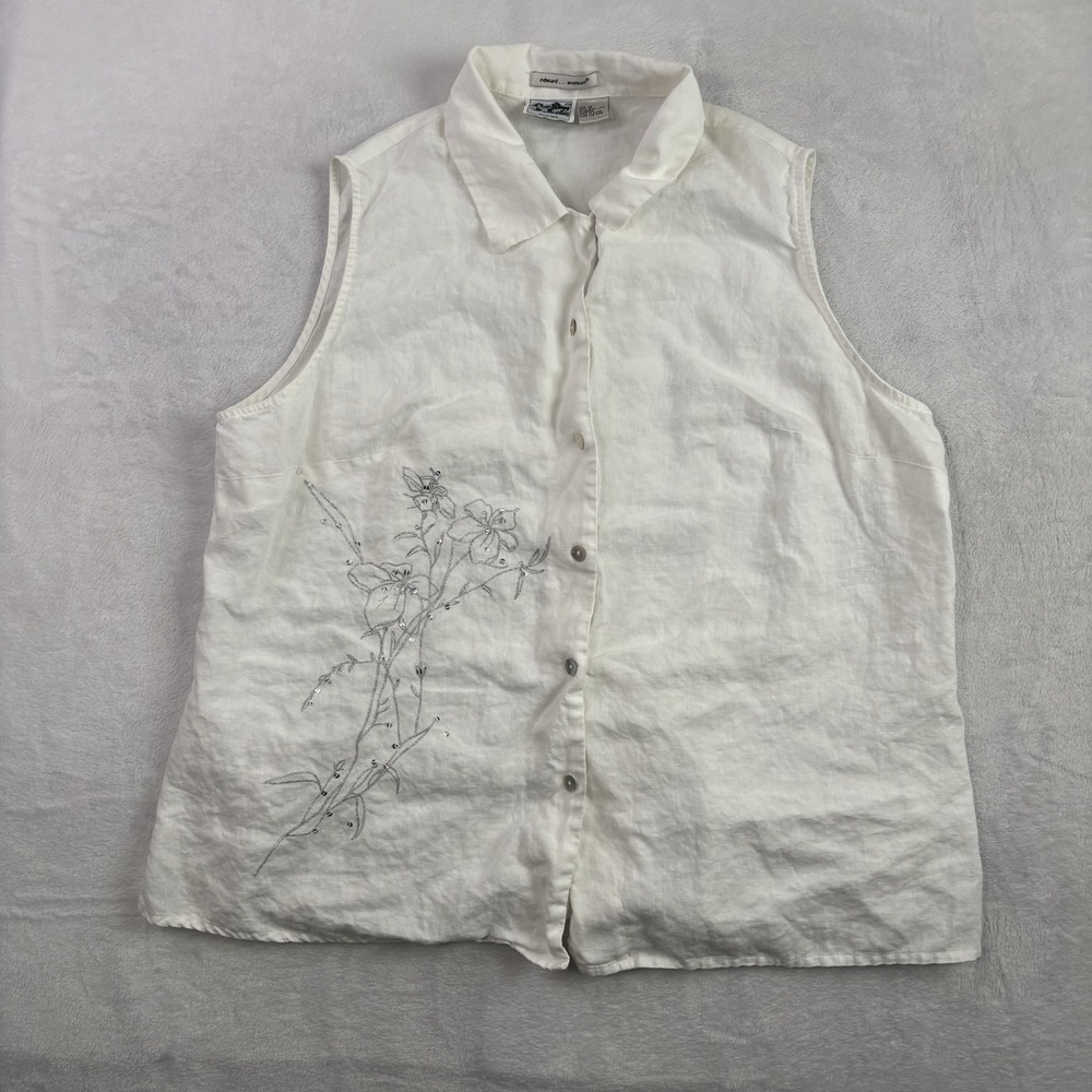 VTG Irishlinen Edward Woman White Button‎ Up Sleeveless Linen Blouse Women's 1X